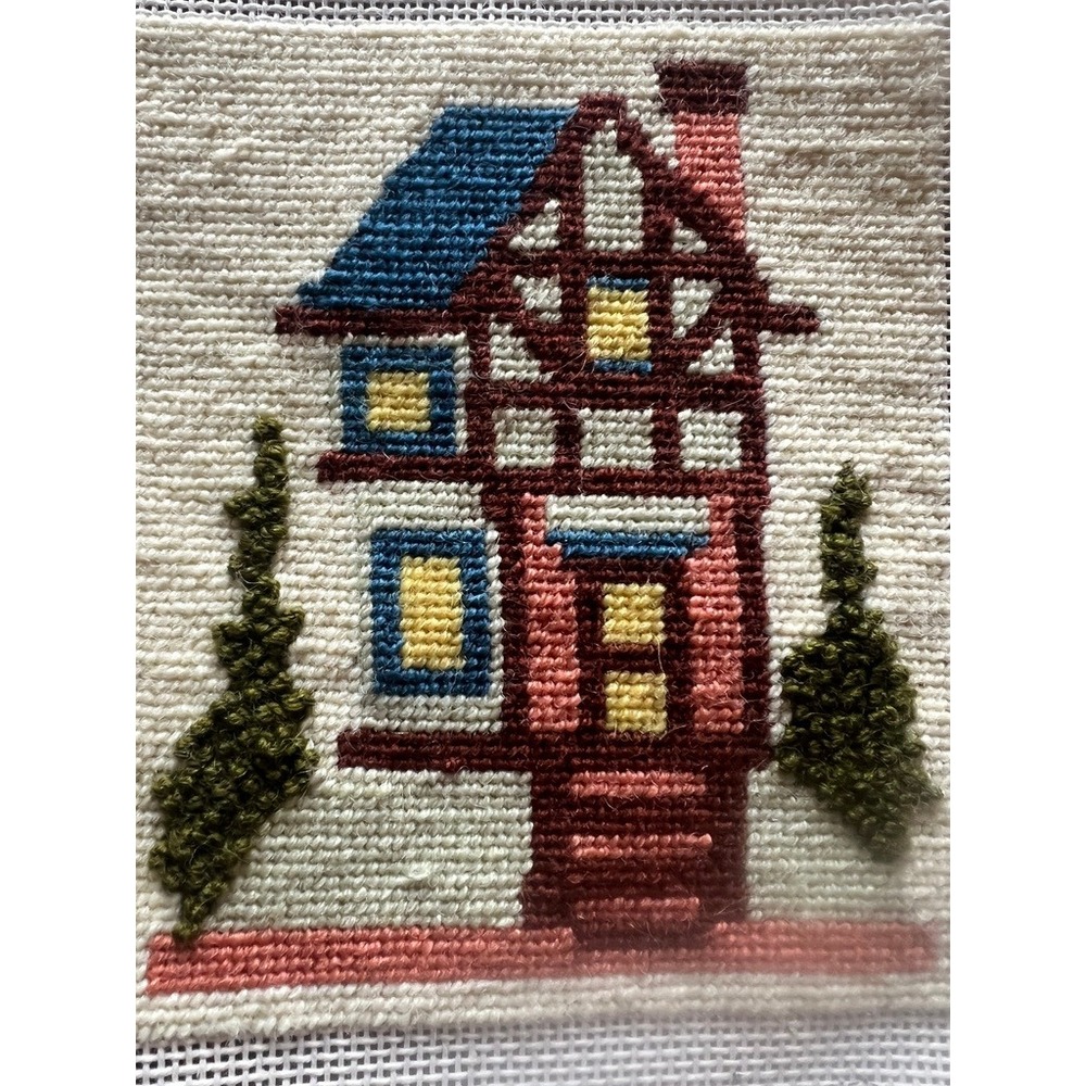 Vintage Needlepoint Storybook Tudor Cottage Canvas Embroidery 8x9 Rustic Decor